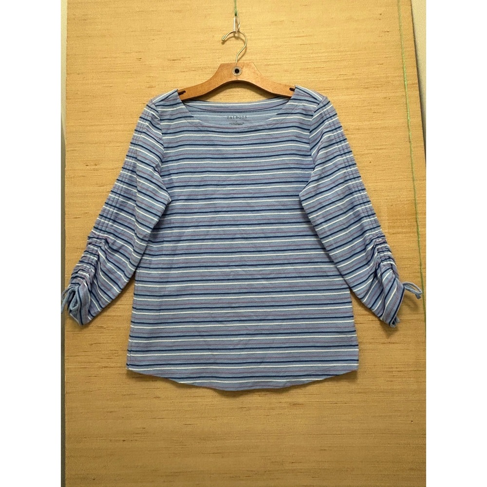 Talbots Womens Blue Striped Boatneck Top 3/4 Ruched Tie Sleeve Small‎